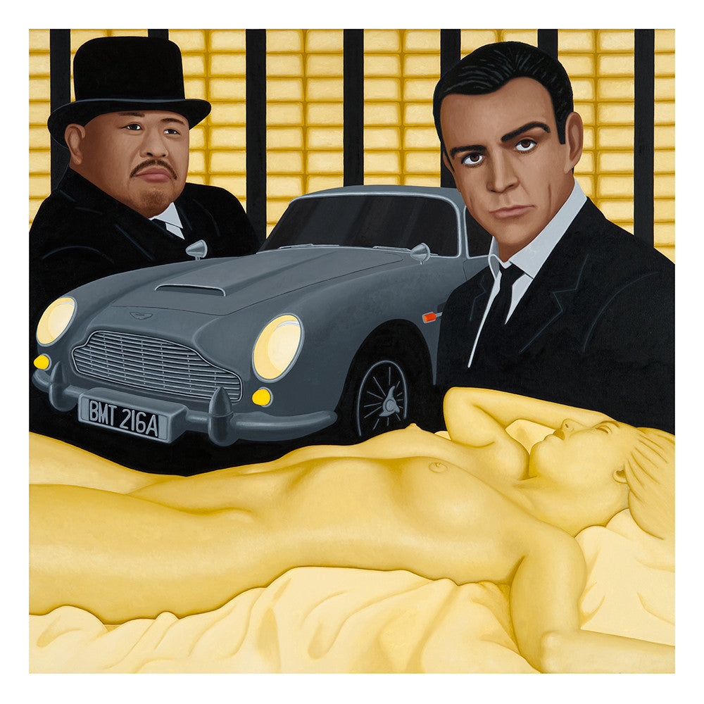 James 007 Bond, his Aston Martin DB5, Oddjob the hat thrower, Goldengirl Shirley Eaton and all of the Gold in Fort Knox assemble for a portrait. Painting by KimKern.com