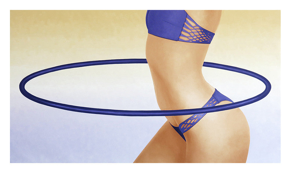 A young woman in a bikini twirls a violet colored hula hoop.