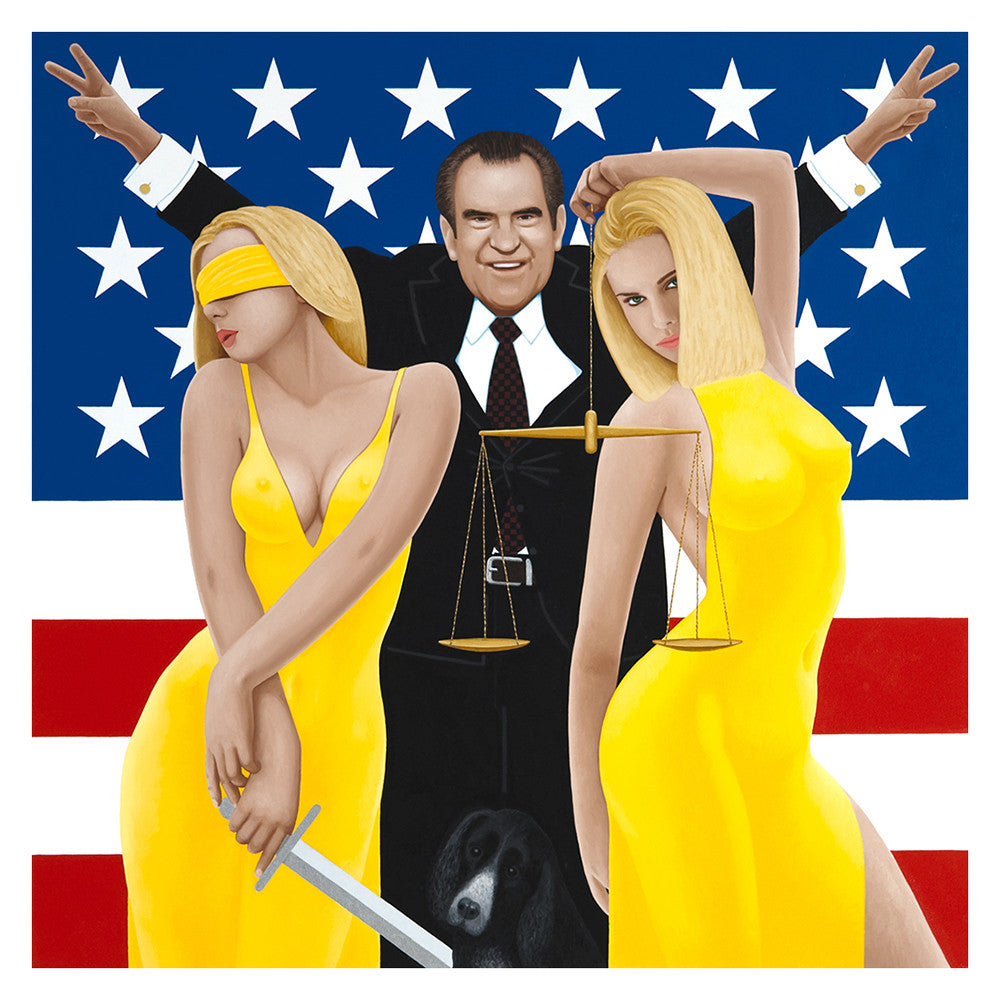 President Nixon and his dog, Checkers, hang out with friends Truth and Blind Justice. Painting by KimKern.com.
