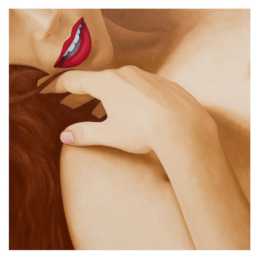 Soft, muted shades of warm ivory flesh tones, luscious Indian red hair and abundant, satiny, cadmium red lips are elements of this oil painting by Kim Kern.